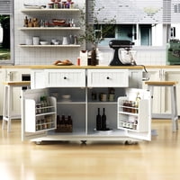 M&Ms - 48 Inch Kitchen Island With Drop Leaf,Power Outlet,Internal Storage Rack,Rolling Kitchen Storage Cart On 5 Wheels With 5 Open Side Racks For Kitchen,White (Old Sku N707P257057W)(Not Include Stools)