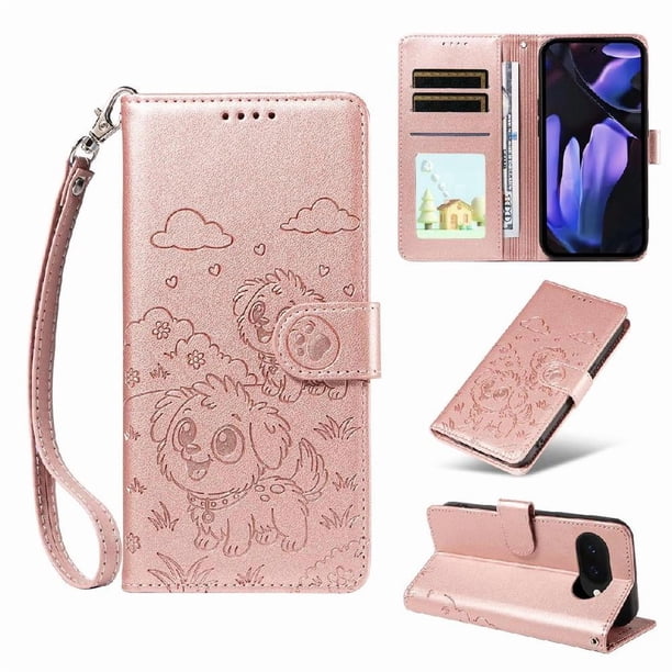 Funda Cartera para Google Pixel 9A Perro Cachorro Grabado con Tarjetas Soporte Correa Rosa