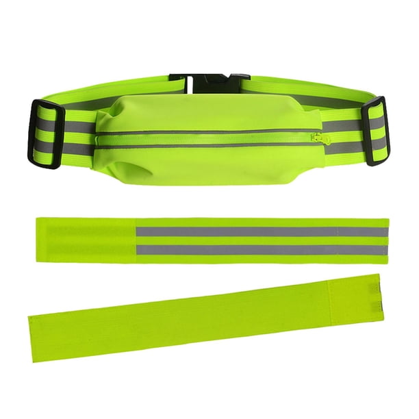 Cinturón reflectante, riñonera para correr, cinturón elástico brillante, correa de seguridad reflectante para caminar y acampar , Verde, 1 cinturón y 1 cinturón y 2 brazaletes