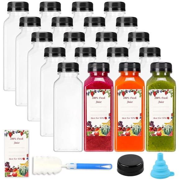 Botellas de jugo SUPERLELE de plástico de 12 onzas con tapas, 20 unidades, transparentes