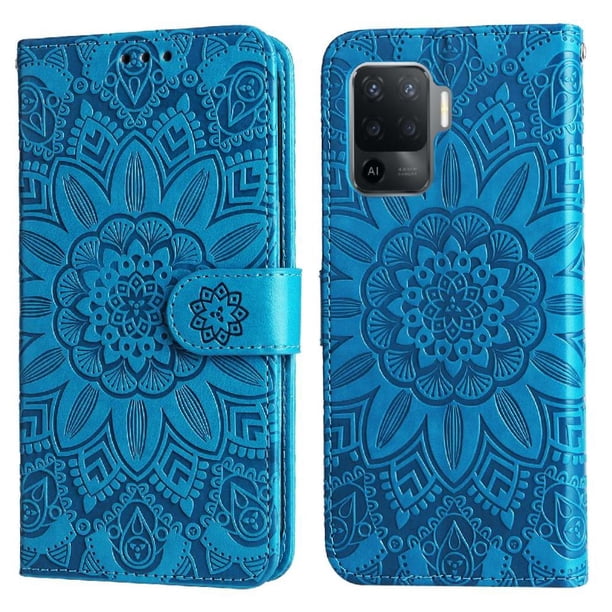 Funda tipo cartera FOXDOCK para OPPO A94 4G , diseño girasol en relieve, cuero PU, cierre magnético, soporte y tarjetero