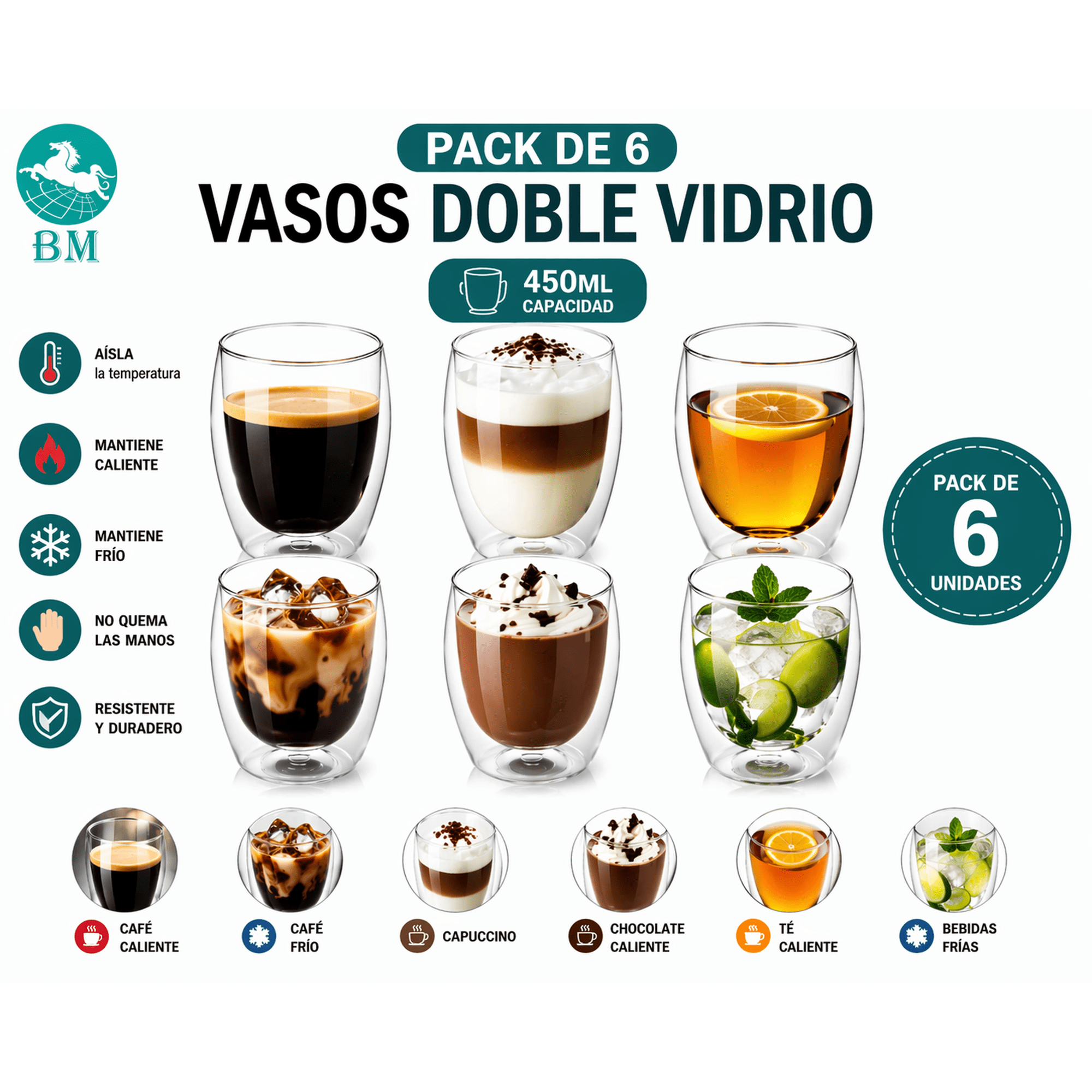 Baima - Pack 6 Vasos Premium Doble Vidrio 450ml | Café, Jugos Y Bebidas Frías
