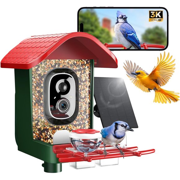3K HD Smart Bird Feeder with Camera, 2.4GHz WiFi Solar Power