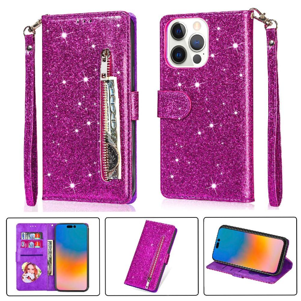 Foxdock - Funda Para Elegante Funda Iphone 14 Pro Glitter Con Cremallera-Ideal Para El Uso Diario