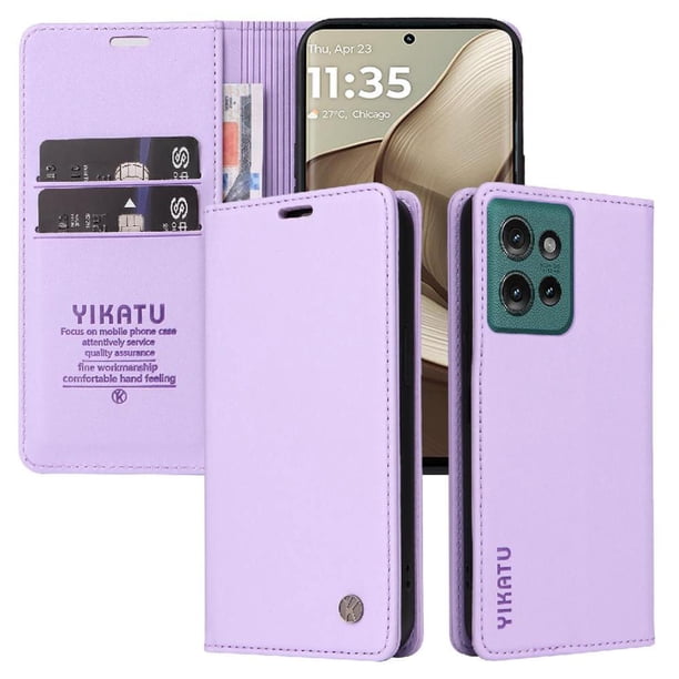 Funda Billetera de Cuero para Motorola Edge 50 5G con Tarjetero y Soporte - Tapa Magnética Morado