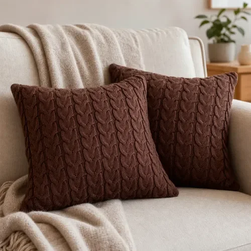 2x Funda Cojin Decorativo Boho 45x45 Twin Cable Acrilico Marrón oscuro