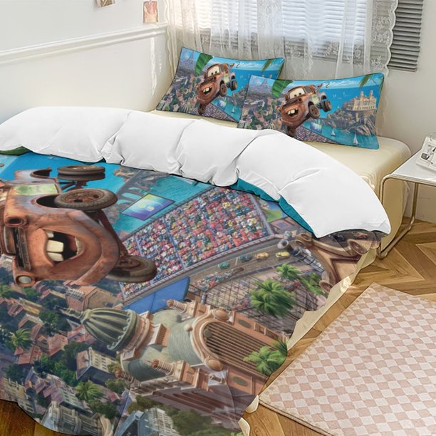 Cars Piston Cup Circuit Blue, Red, Lightning McQueen And Mater 3 Piece Toddler Thickening Bed Set - Comforter
