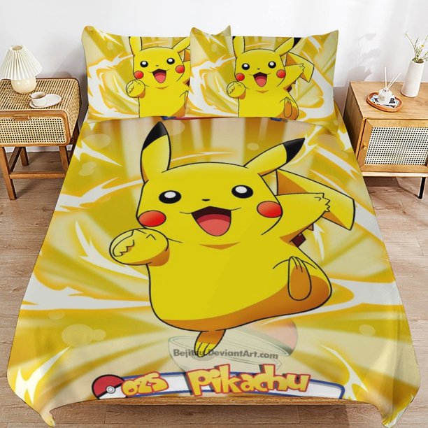 Pi-ka-chu Bed Duvet Cover Microfiber Bedding Sets 3D Printed Lightweight 3 Piece Comforter Sets for Kids Boys Girls