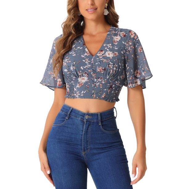 INSPIRE CHIC Blusa corta floral para mujer con cuello en V, mangas acampanadas y dobladillo fruncido, gris azul XS