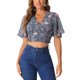 thumbnail image 1 of INSPIRE CHIC Blusa corta floral para mujer con cuello en V, mangas acampanadas y dobladillo fruncido, gris azul XS, 1 of 6