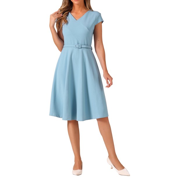 INSPIRE CHIC Vestidos de cóctel para mujeres con cinturón, cuello en V, manga corta, vestido fluido en línea A S Azul