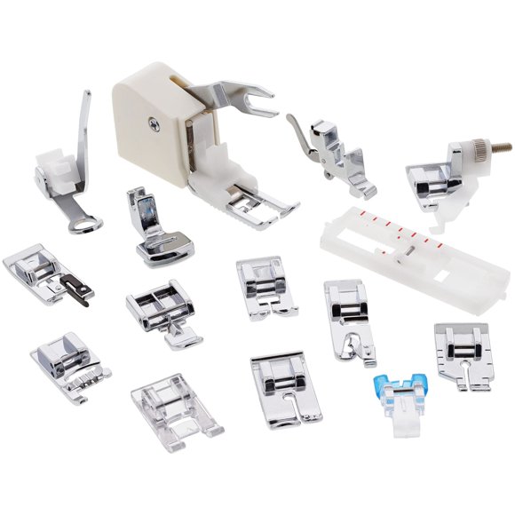 Juego de prensatelas cosibles con prensatelas de doble arrastre (15 piezas) | Compatible con máquinas de coser de caña baja - Brother, Janome, Singer, Baby Lock, Kenmore y más | Incluye estuche rígido
