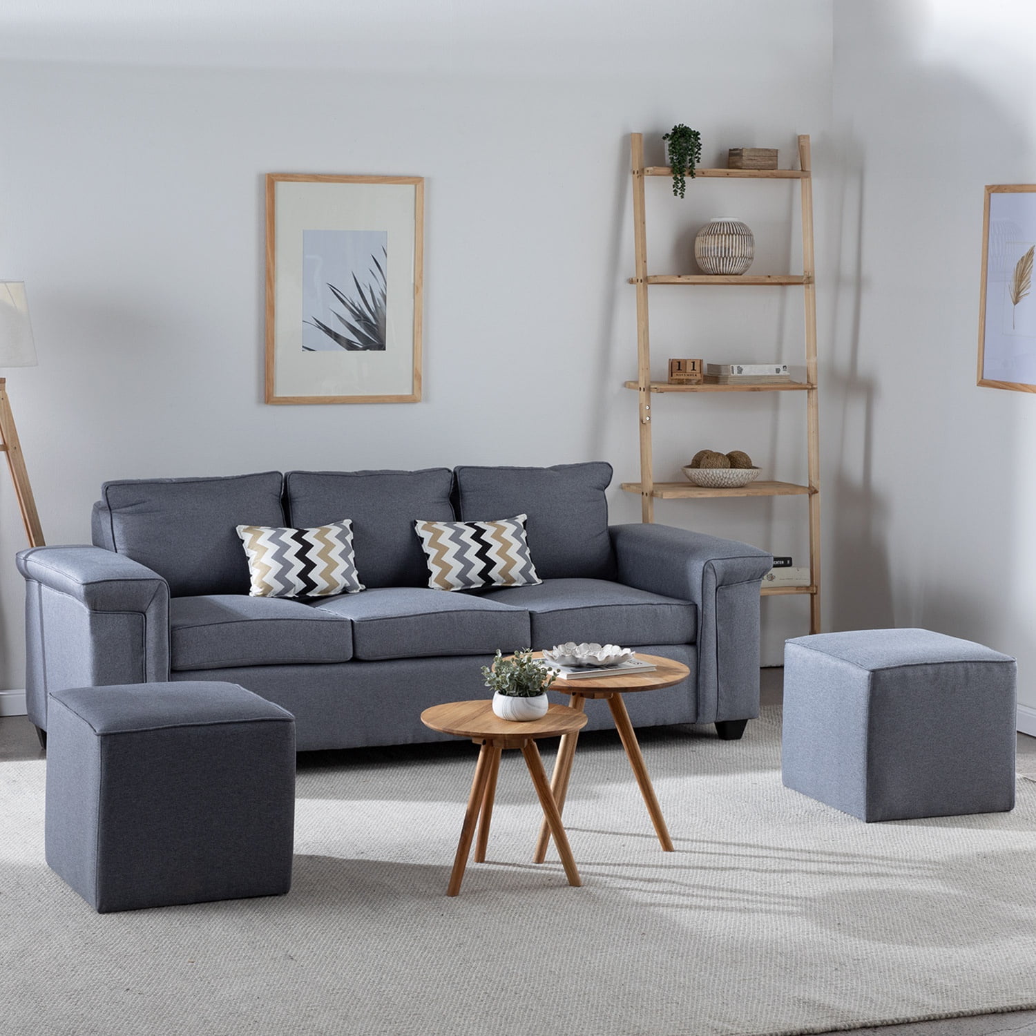 Muebles Cottoni - Sofá 3 Cuerpos Sicilia + 2 Pouf Tela Gris