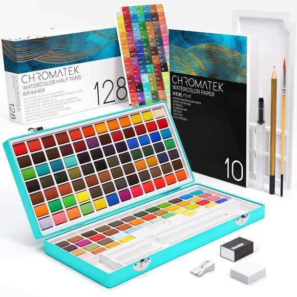 Set de Acuarela CHROMATEK 128 colores con pinceles y bloc