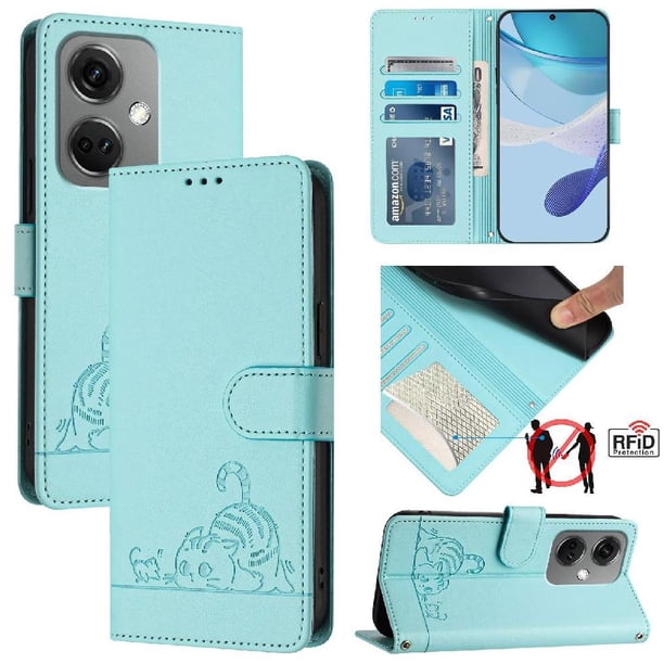 Funda tipo cartera FOXDOCK para OnePlus Nord CE3 5G con soporte, ranuras, RFID, diseño de gato