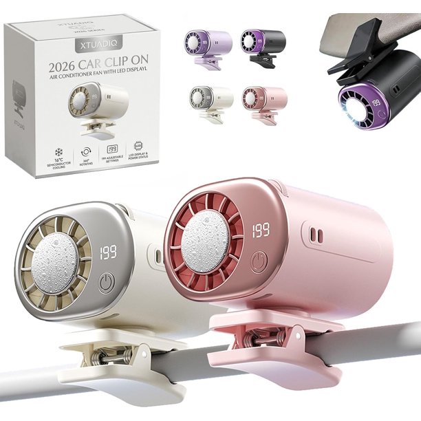 Ventilador clip coche pantalla LED 16°C semi enfriamiento USB recargable 360° 199 velocidades
