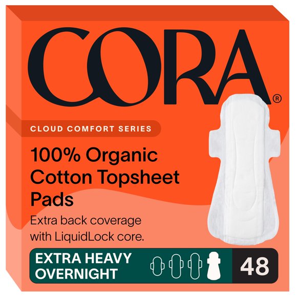 Almohadillas sanitarias Cora, 100% algodón orgánico, ultrapesadas, 48 unidades