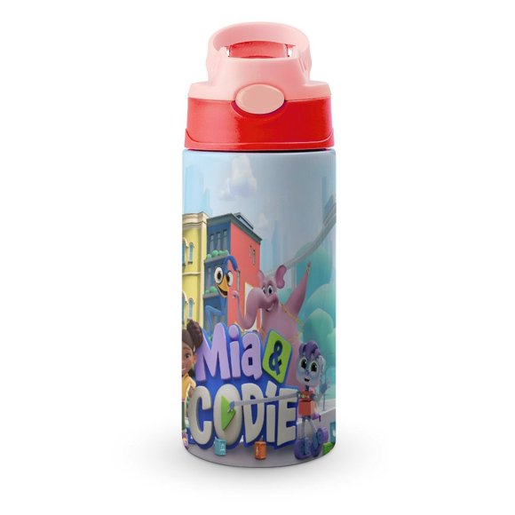 Mia y CodieBotella de Agua con Tapa Pop Top de Un Toque, Acero Inoxidable, a Prueba de Fugas, para Deportes, Botella Infantil rosa 12 oz