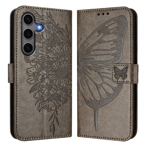 Funda Cartera Mariposa Para Samsung Galaxy S24 Plus Con Soporte Y Ranuras Para Tarjetas Gris