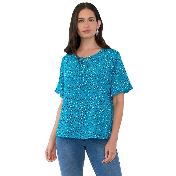 Blusa Mujer Manga Corta Detalle Print Turquesa Corona