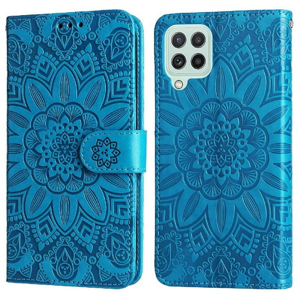 Funda tipo cartera FOXDOCK para Samsung Galaxy M32 4G , diseño girasol en relieve, cuero PU, cierre magnético, soporte y tarjetero