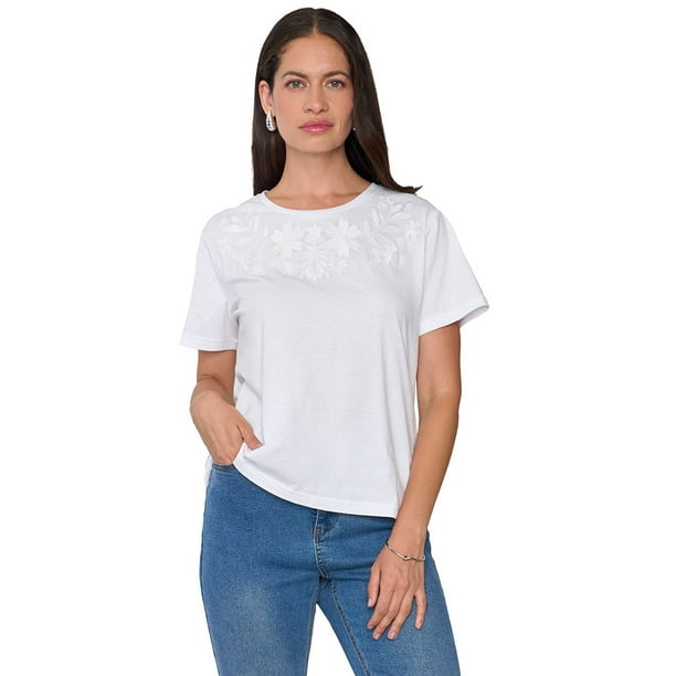 Polera Mujer Bordado Blanco Corona