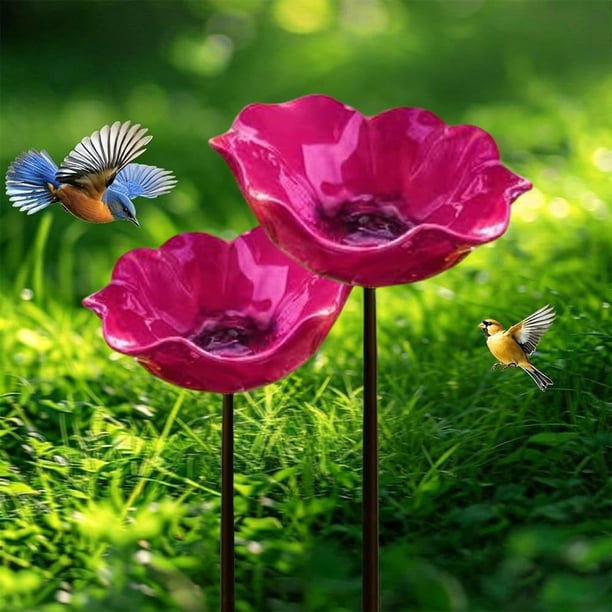 Estacas jardín flor metal baño abejas cuenco agua pájaros estación riego polinizadores 3 uds rojo