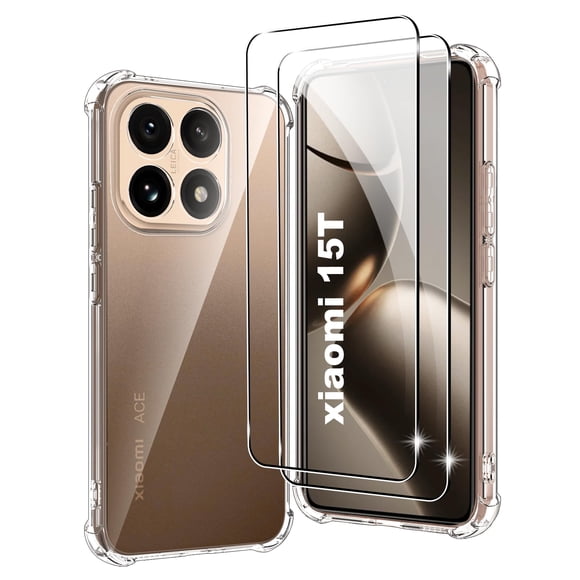 Funda transparente Fhyeugfy para Xiaomi 15T, TPU, 2 protectores de pantalla de vidrio