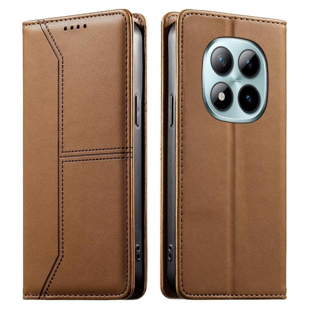 Funda tipo cartera con bloqueo RFID para Xiaomi POCO M8 Pro 5G cubierta magnética de cuero con tapa y soporte Marrón