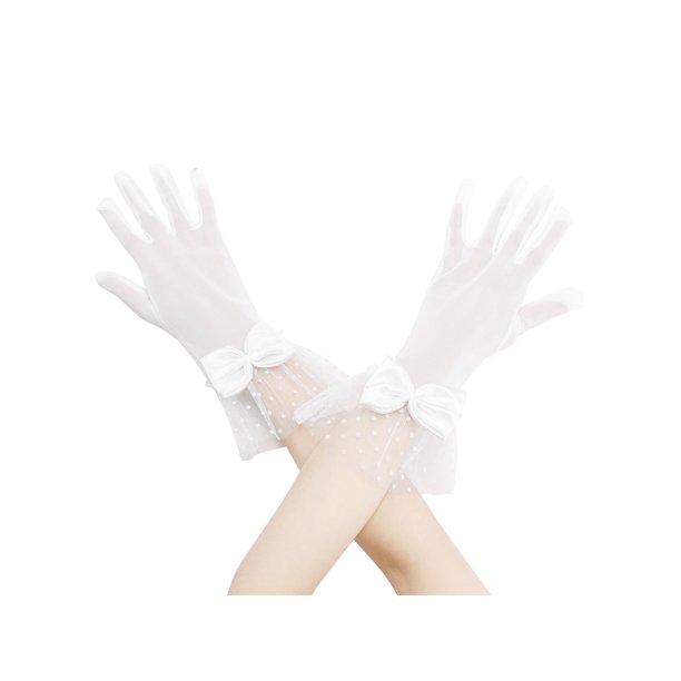 INSPIRE CHIC Guantes Cortos de Encaje para Mujer con Lazo, Guantes de Malla con Lunares para Boda, Fiesta de Té, Talla Única, Blanco