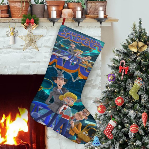 Inspector Gadget Tema: Calcetines de Navidad, fino lino blanco para colgar en escaleras y chimenea, decoración navideña para el hogar, regalo de Navidad. 45cm × 32cm