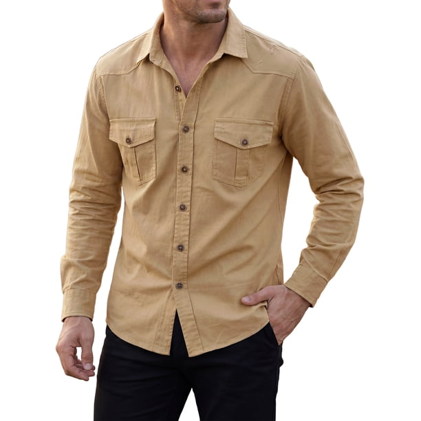 INSPIRE CHIC Camisa de Trabajo Casual para Hombre con Bolsillos en el Pecho, Manga Larga, Camisa de Carga para Exteriores XL Caqui