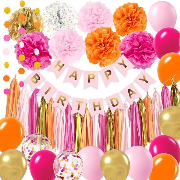 Decoraciones de fiesta BAUANOOY rosa intenso y naranja con globos dorados