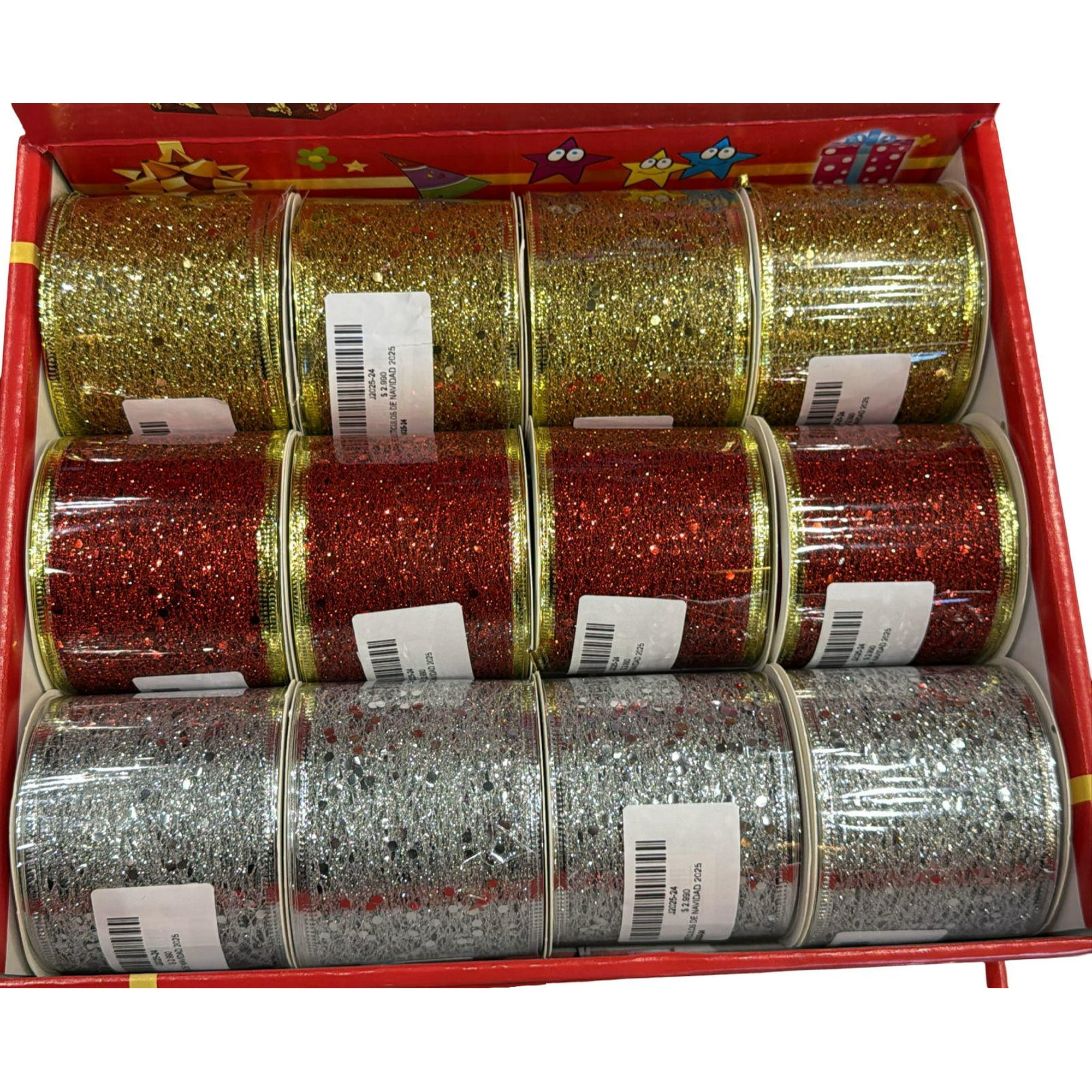 Wakeshome - Pack 12 Mallas Navidad Cinta Decorativa Dearbol 6 3cm*2 7mts Multicolor Geometrico