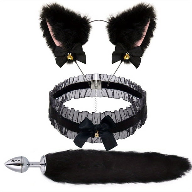 3pcs/set Fox Tail Butt Plug & Lace Chocker & Fox Ear Headband Set, Adults Couples Sex Toys