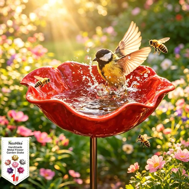Estaca flor metal hecha mano baño pájaros comedero agua mariposas césped decoración jardín