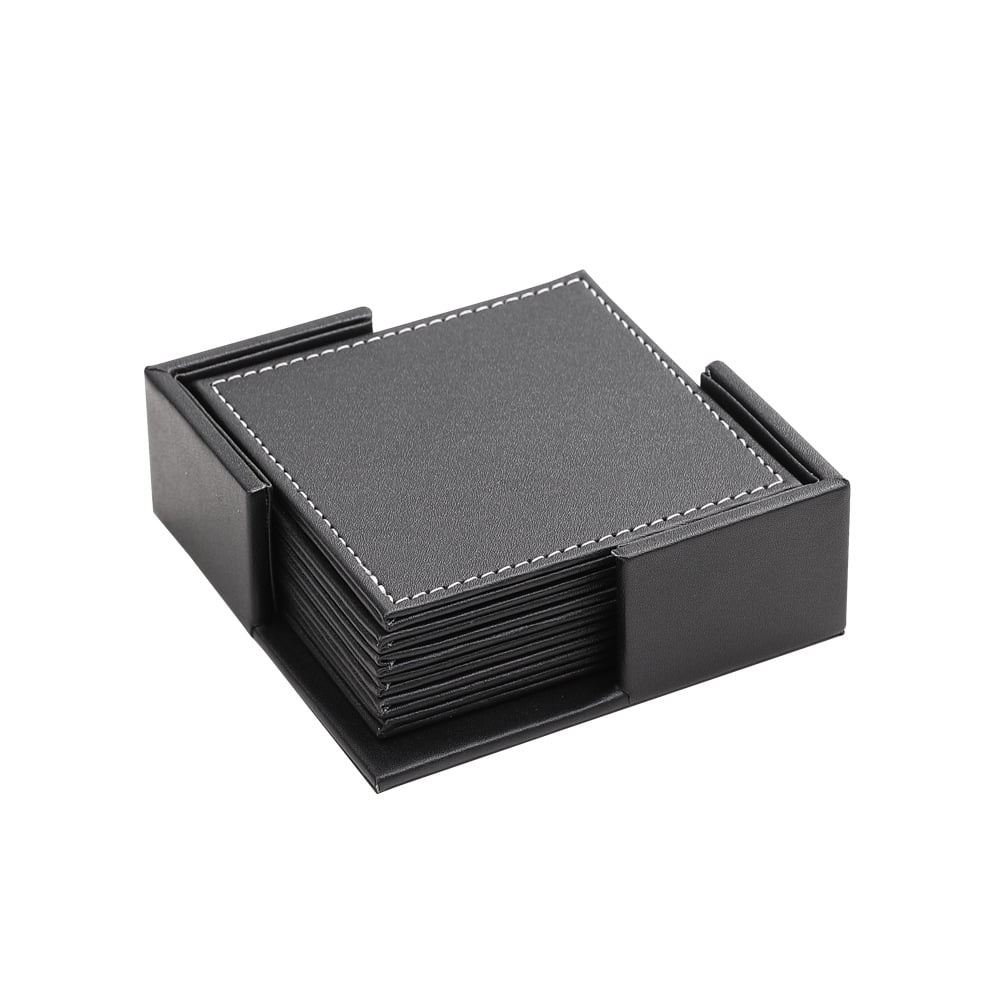 Xmhytop Juego De 6 Posavasos Rectángulo De Piel Suave Con Costura Decorativa, Ideal Para Tazas, Mesas De Madera Y Decoración Hogar, 4 Pulgadas, Negro