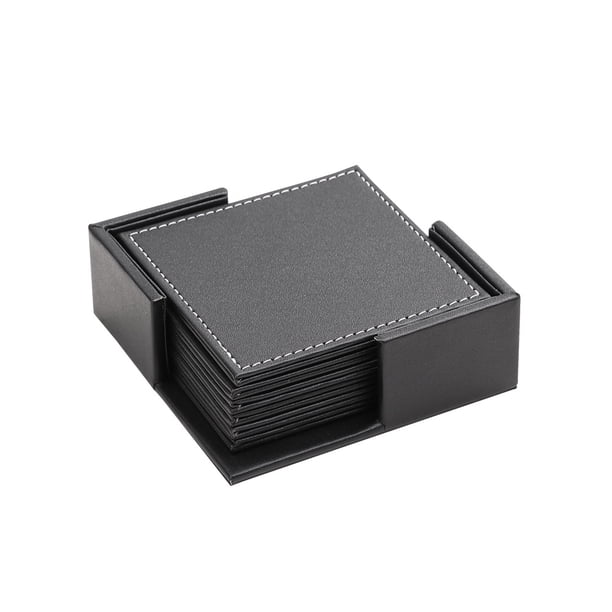 XmhyTop Juego de 6 Posavasos Rectángulo de Piel Suave con Costura Decorativa, Ideal para Tazas, Mesas de Madera y Decoración Hogar, 4 Pulgadas, Negro