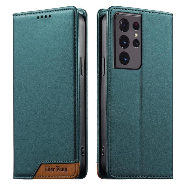 Funda Tipo Cartera de Cuero Sintético para Samsung Galaxy S21 Ultra Bloqueo RFID, con Ranuras para Tarjetas y Bolsillo para Efectivo, Cierre Magnético Fuerte Verde