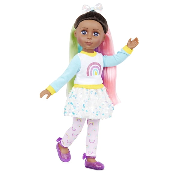 Muñeca moderna con purpurina para niñas Torrei de 14 pulgadas con atuendo de arcoíris