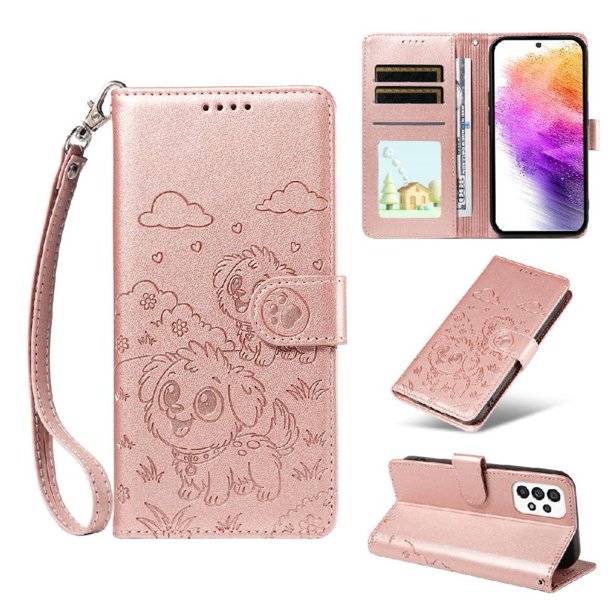 Funda Cartera para Samsung Galaxy A73 5G Perro Cachorro Grabado con Tarjetas Soporte Correa Rosa