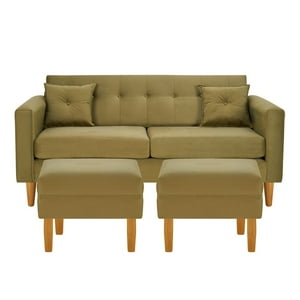 Bodevir - Sofa New Retro 3C + 2 Pouf Felpa 04 Verde Musgo