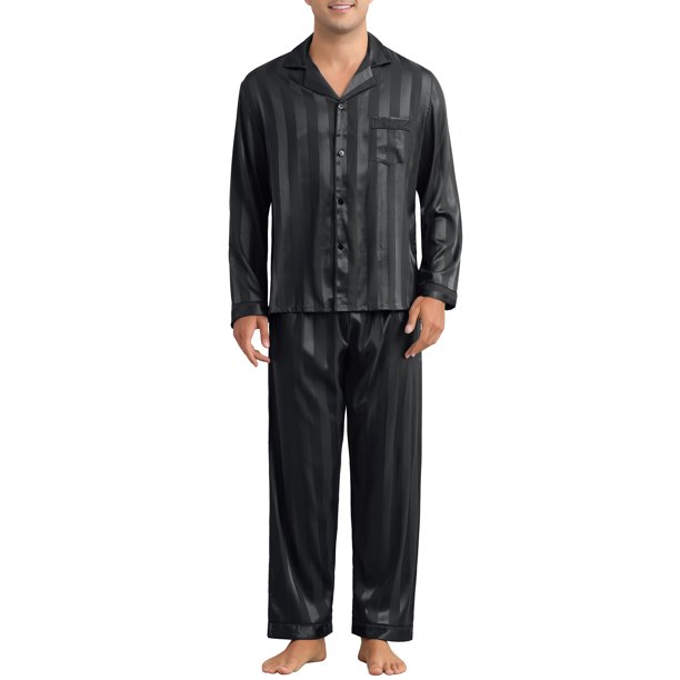 INSPIRE CHIC Conjunto de Pijamas Casuales para Hombre de 2 Piezas de Satén con Rayas de Manga Larga y Botones XL Negro