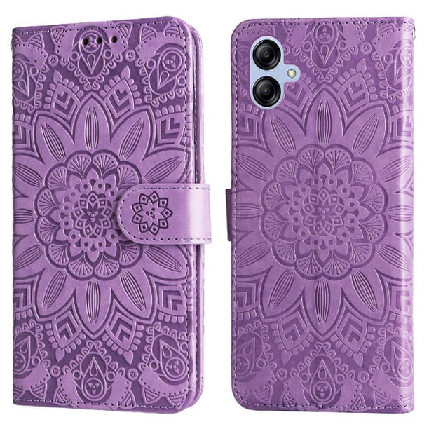 Funda tipo cartera FOXDOCK para Samsung Galaxy A04E , diseño girasol en relieve, cuero PU, cierre magnético, soporte y tarjetero