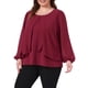 thumbnail image 4 of Agnes Orinda Blusa Elegante de Mujer Talla Grande para Escuela o Universidad, Panel en Capas de Gasa, Cuello Redondo, Manga Larga, 1X Burdeos, 4 of 6