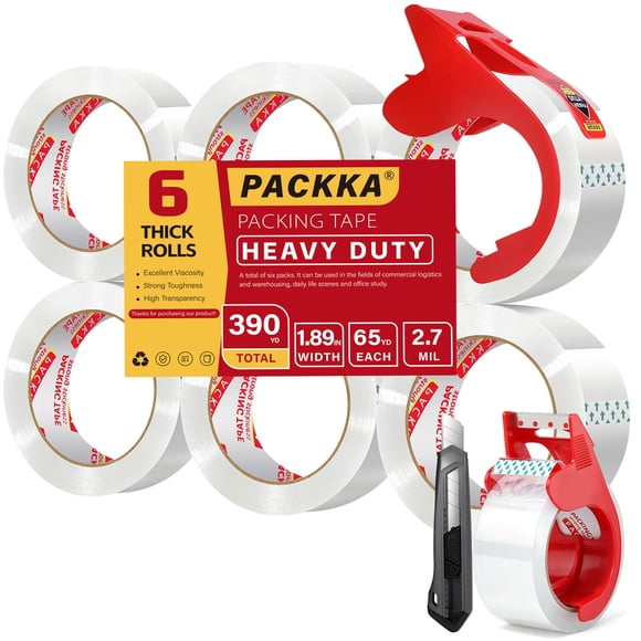 Cinta de Embalaje PACKKA 6 Rollos 390 yd Transparente con Dispensador