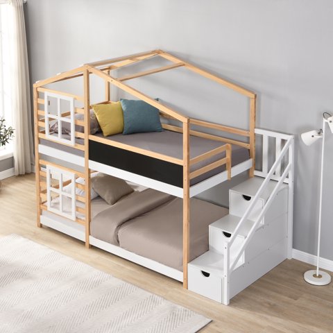 M&Ms - Twin Over Twin Bunk Bed House Bed With Roof Windows Blackboard And Storage Ladder Platform Bed,Bed Frame