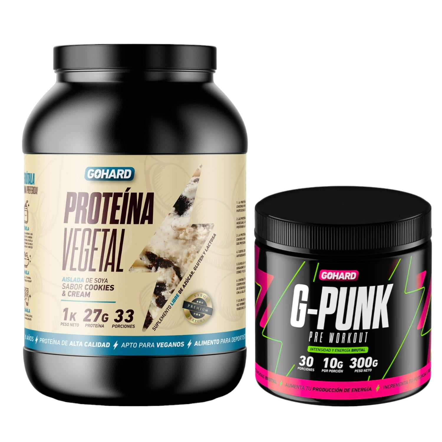 Gohard - Proteina Vegetal 33 Serv. 1kg Cookies And Cream & Pre Entrenamiento G-punk 30 Serv