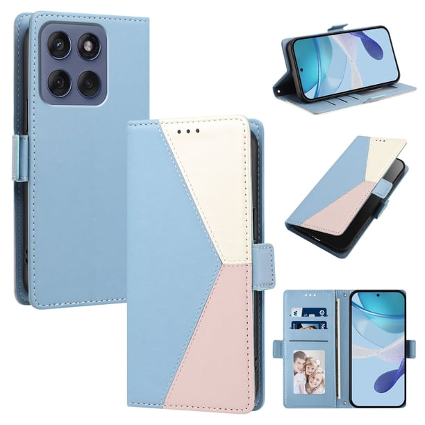 Cartera para Motorola Moto G86 en PU Tricolor, Funda con Solapa, Azul Claro