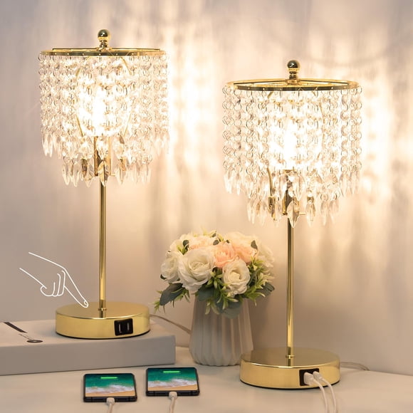 Lámpara de mesa Crystal Boncoo, juego de 2 con puertos de carga USB